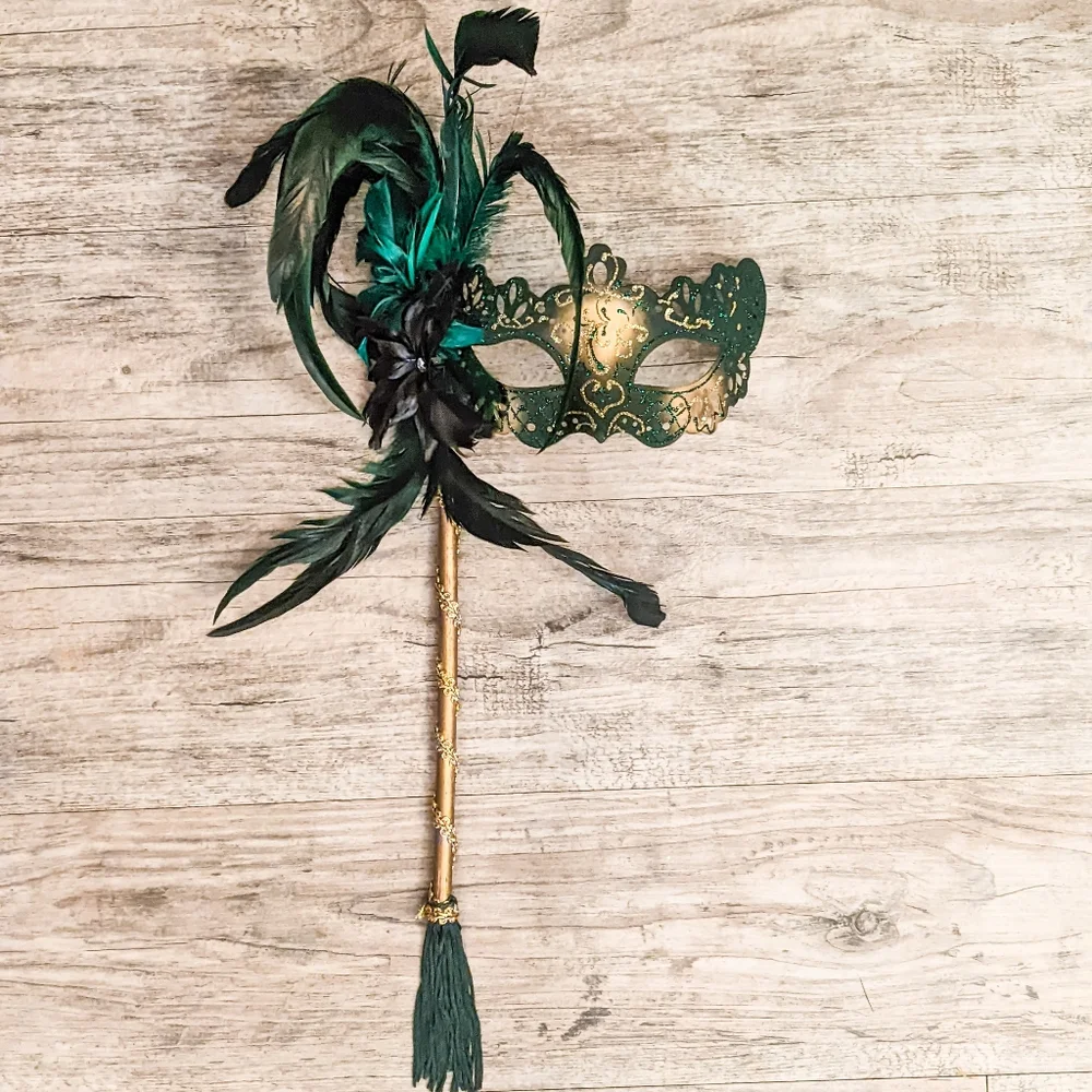 Venetian Cat Eye Ladies Masquerade Ball Mask on a Stick in Dark Emerald Green - Picture 4 of 6